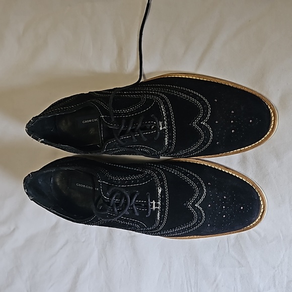 Black suede oxfords with white stitch accent by Giorgio Brutini. - Picture 3 of 7